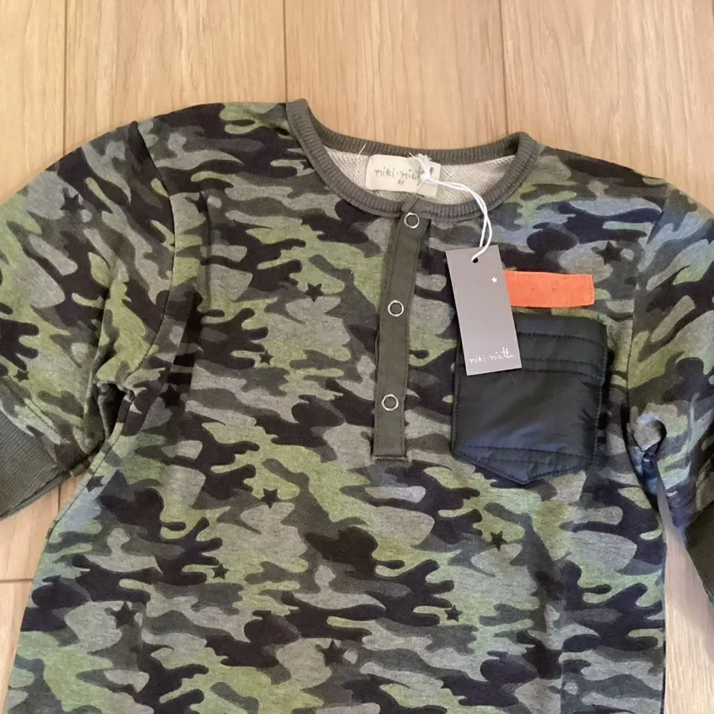 NWT Miki Miette Brand Boys Green Camo Long Sleeve Henley Sizes 6 and 8